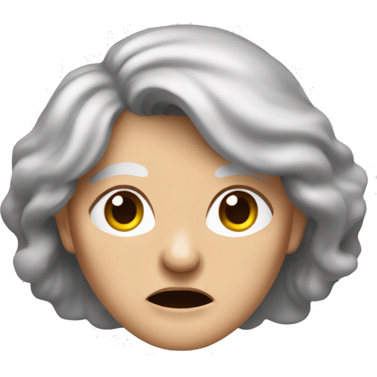 Angry old lady with greyish brownish hair its long hair and she has brown eyes andshe is wearing a peakock shirt emoji