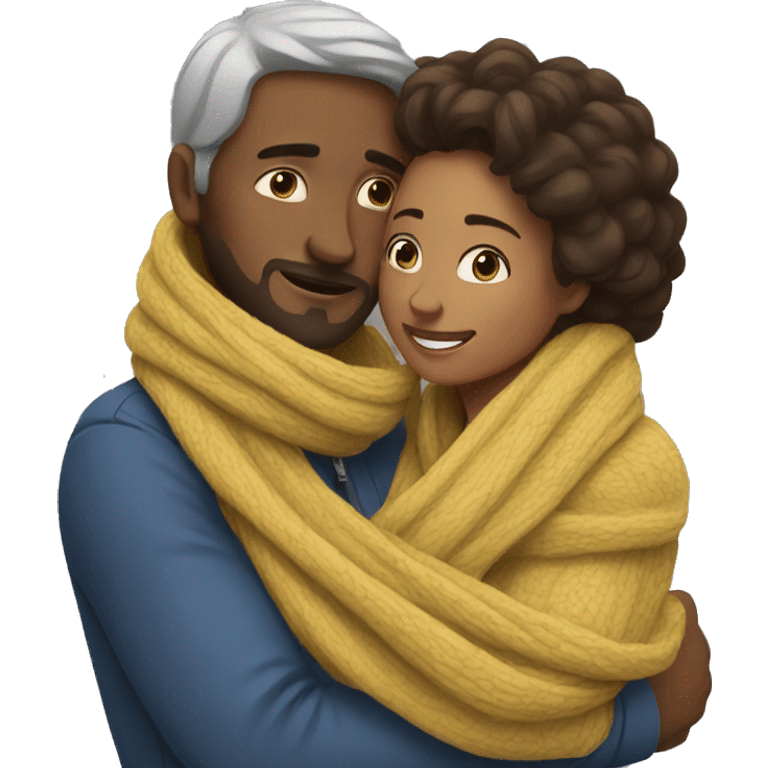 Man tightly hugging woman with scarf emoji