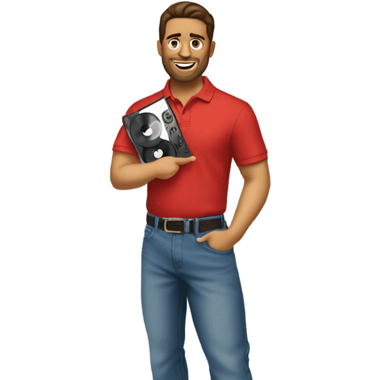 brunette man wearing red polo and baggy jeans looking at records emoji