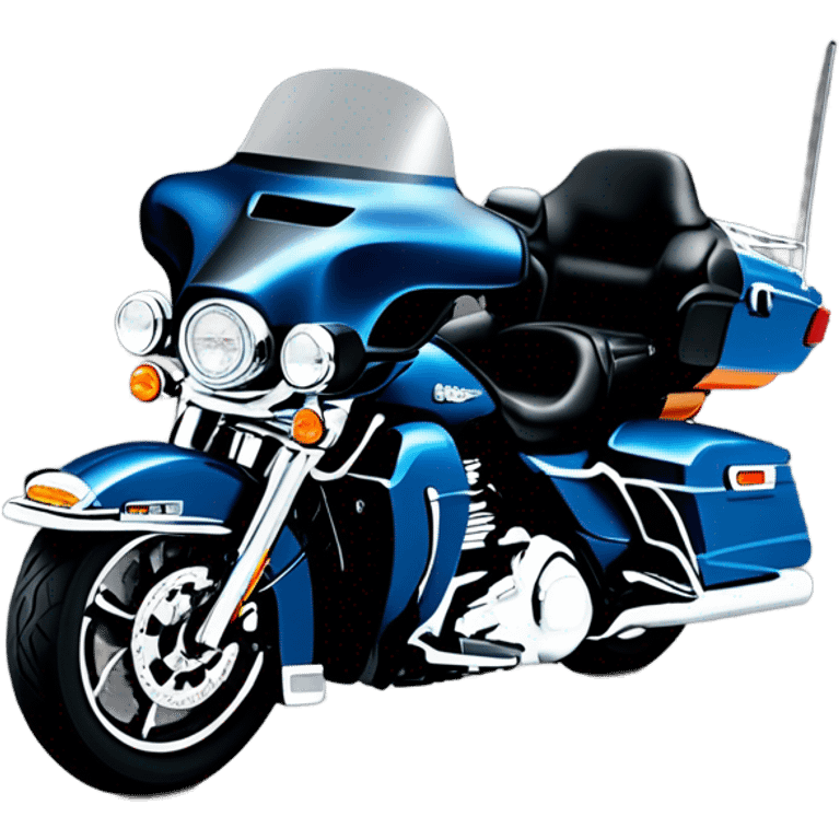 angled view of a harley davidson electra glide ultra classic with big blue pearl and vivid black two color paint scheme with midsize recurve windshield, two antennas, and an older caucasian man without a helmet sitting on the front seat. emoji