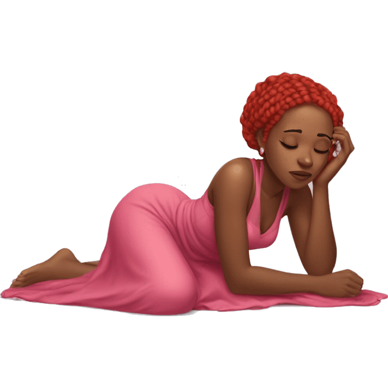 a black woman laying on the floor, with red braids hair ,crying , pink gown emoji