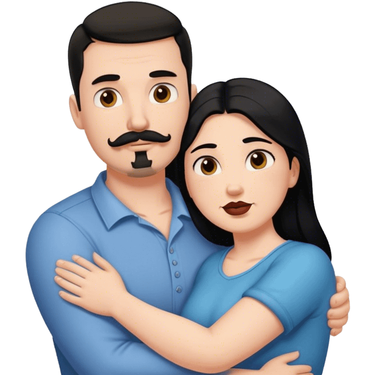 Tall strong white man with dark brown mustache goatee hugging a chubby short pale woman with long black hair emoji