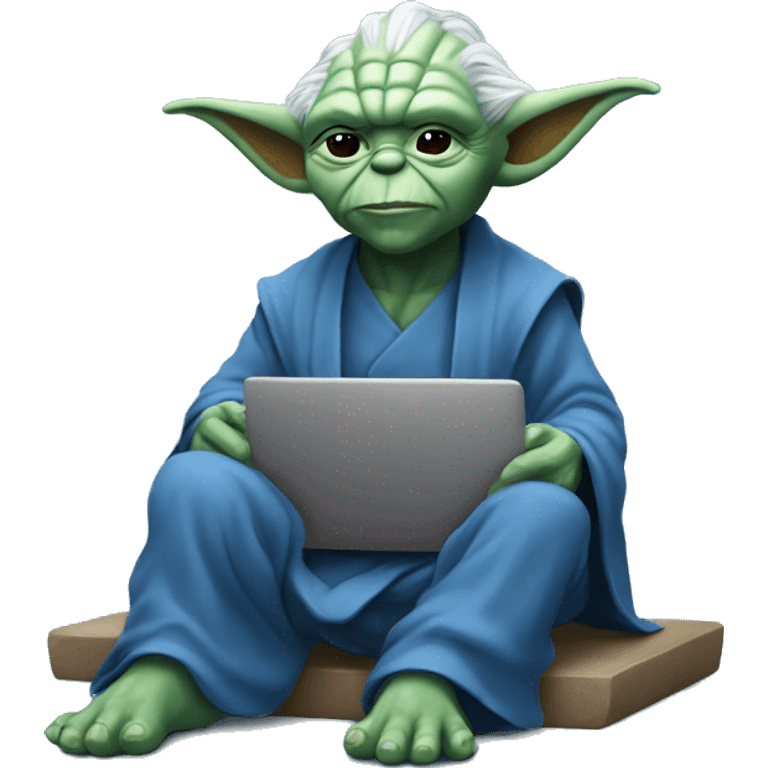 Blue yoda sitting happy at laptop emoji