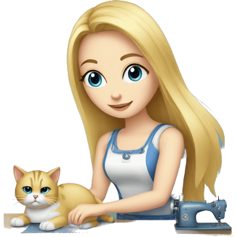 blonde girl with blue eyes working with sewing machine with cat on the floor emoji