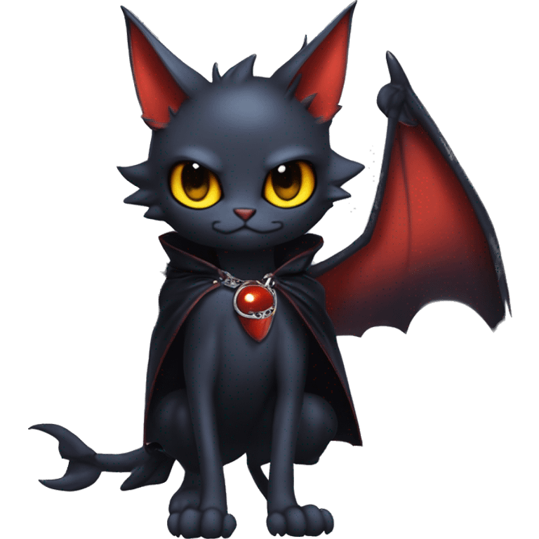 Cute edgy cool beautiful realistic vampiric dark eldritch fantasy Litten-Fakémon-Digimon with bat-wings as ears full body, cloak, choker collar, harness, leg straps emoji