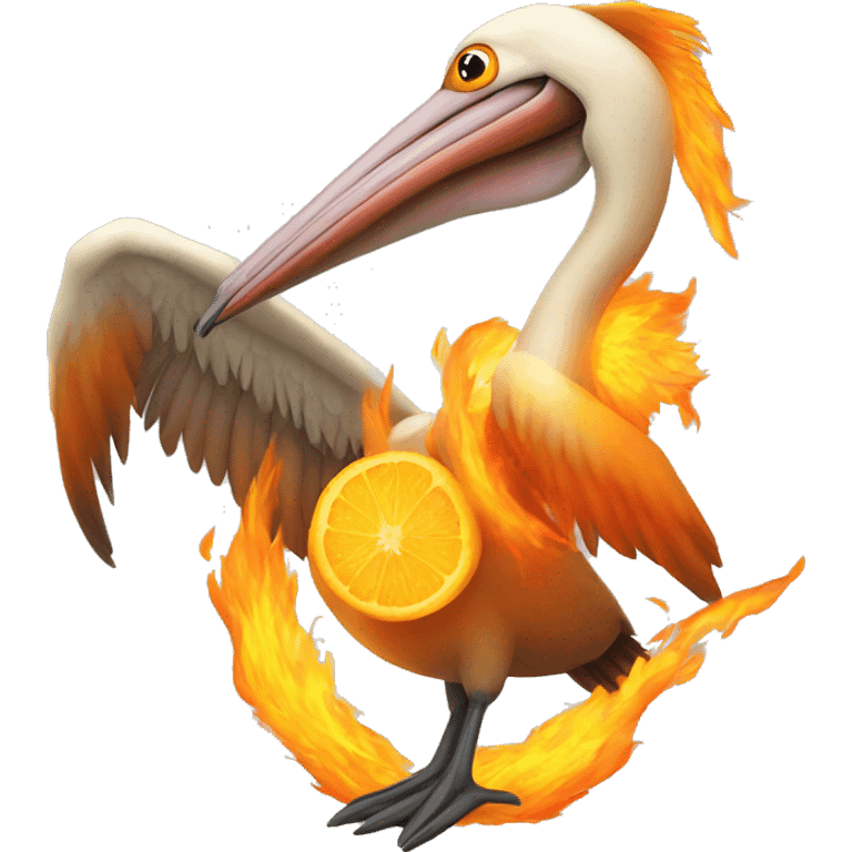 Pelican with orange wings and fire emoji