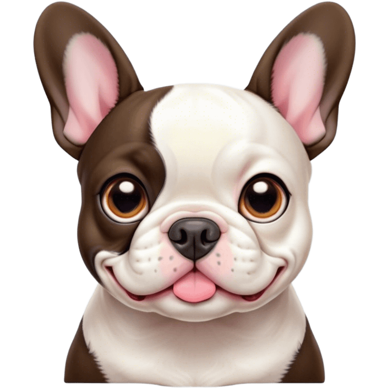 Cinematic Cute Pied French Bulldog Portrait Emoji, Head tilted with a sweet, mischievous grin and large, inviting eyes, featuring a unique pied fur of contrasting colors, simplified yet irresistibly endearing, highly detailed, glowing with a warm, playful radiance, high shine, exuding a quirky charm and affectionate personality, styled with a soft, lighthearted outline, capturing the essence of a cute Pied French Bulldog that looks ready to charm its way into your heart! emoji