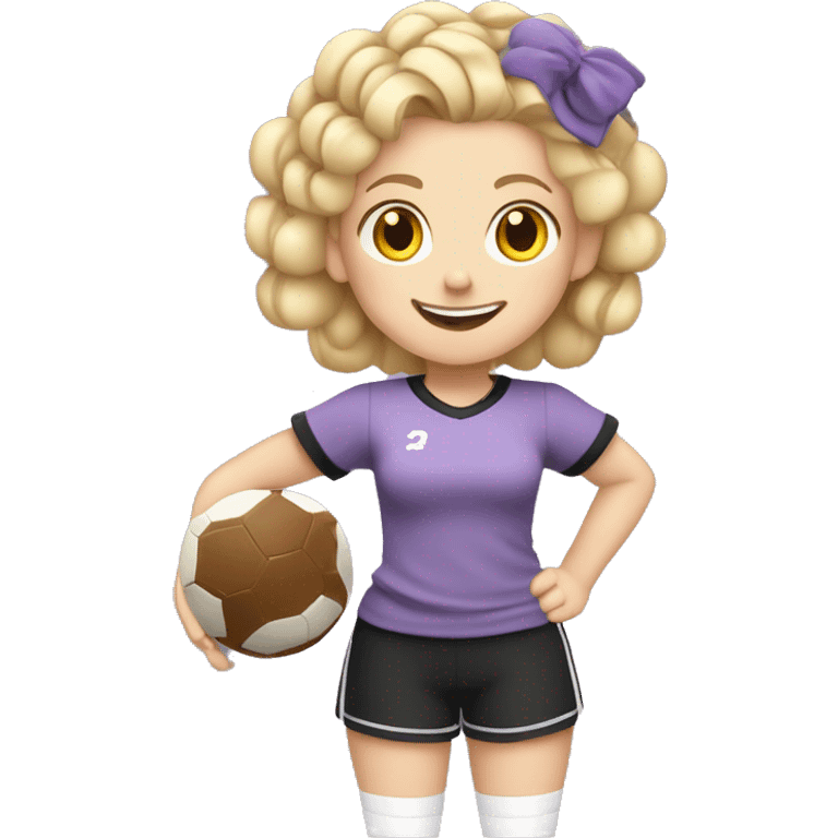 BLONDE GIRL WITH WHITE COMPLEXION WITH CURLERS PLAYING FOOTBALL SMILING WITH BRAIDS WITH LILAC AND BLACK T-SHIRT WITHOUT STRIPES FULL BODY WITH A BALL emoji