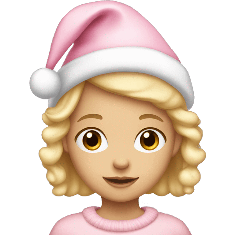 a cute little girl with blond hair and a light pink christmas hat  emoji