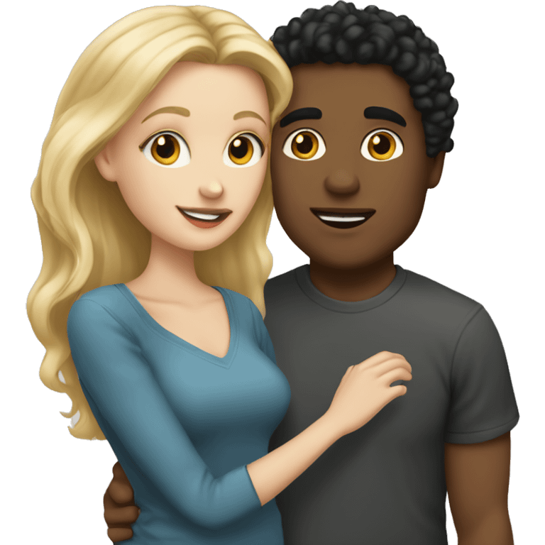 A white girl with blond straight hair kissing a light-skinned brown guy with curly black hair emoji