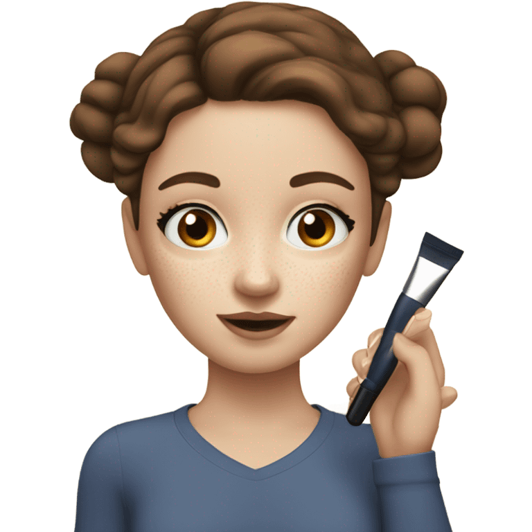 Girl applying her makeup on white skin while having Brown hair and blue eyes and freackles emoji