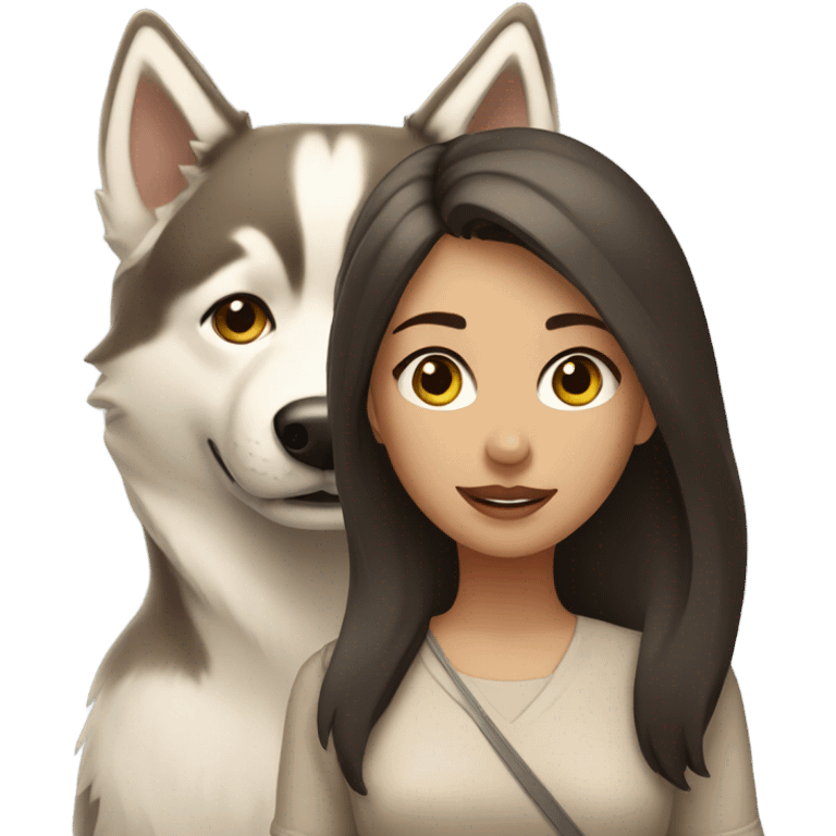 A brunette girl next to a beige Husky emoji