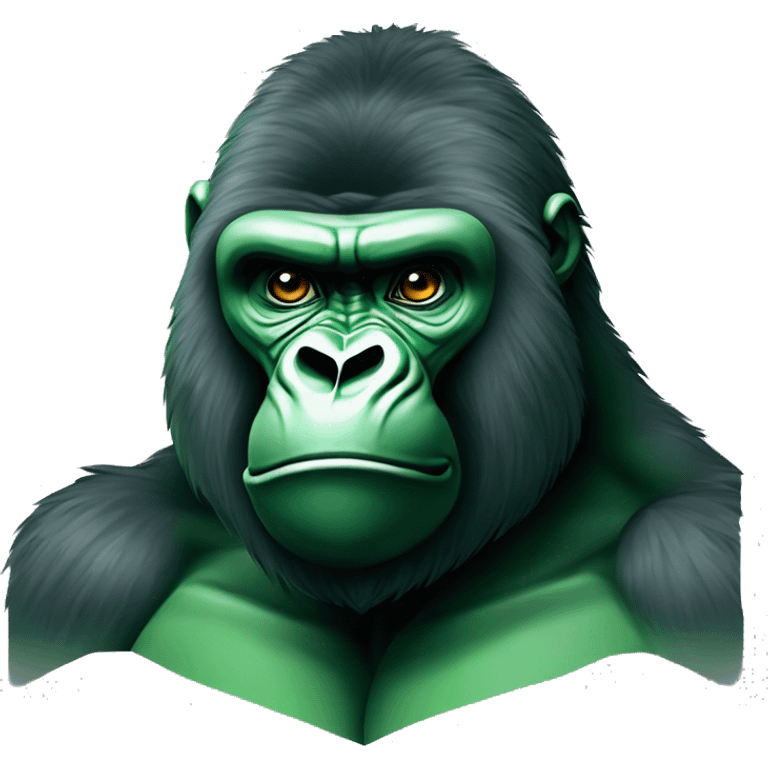 Create an emoji of a gorilla’s face with a determined and fierce expression. Use different shades of green for the entire design, matching the green color palette . The design should be bold and eye-catching emoji