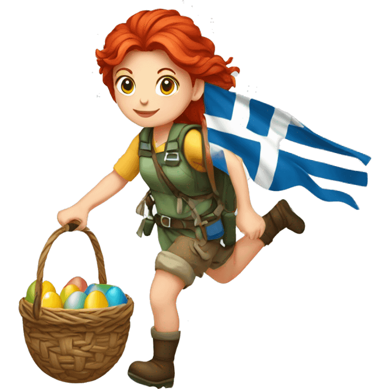 Female mountaineer red hair climbing with Easter egg sbasket and Greek flag emoji