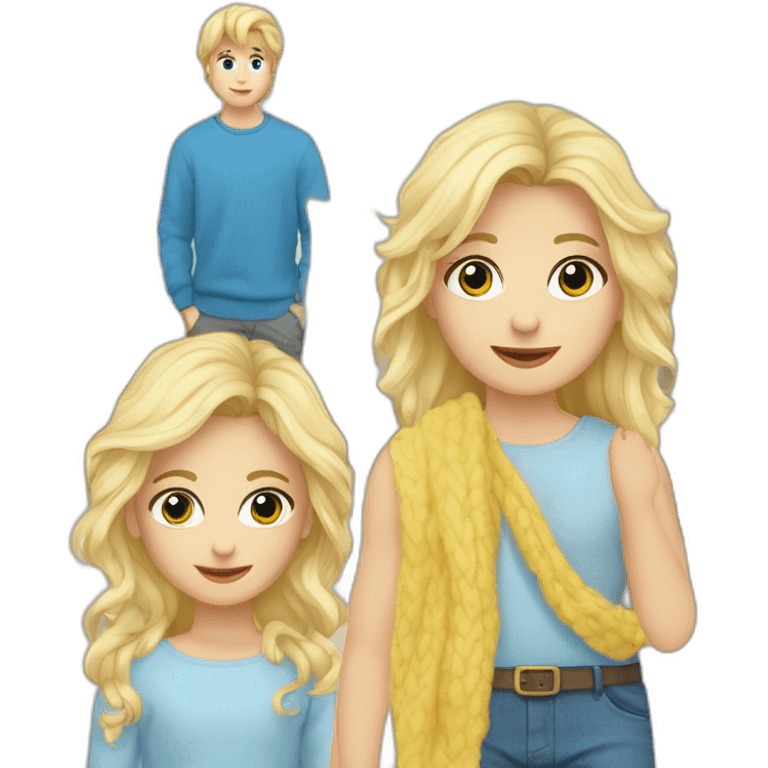 Een jongen met blonde haren blanke huis grijze trui en een blauwe broek emoji