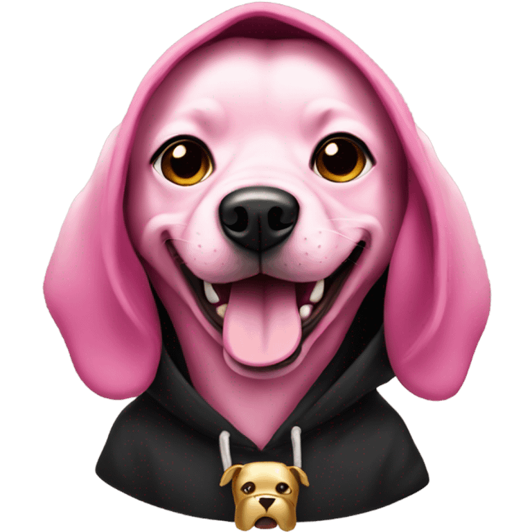 Pink dog wearing a black hoodie with a gold tooth emoji