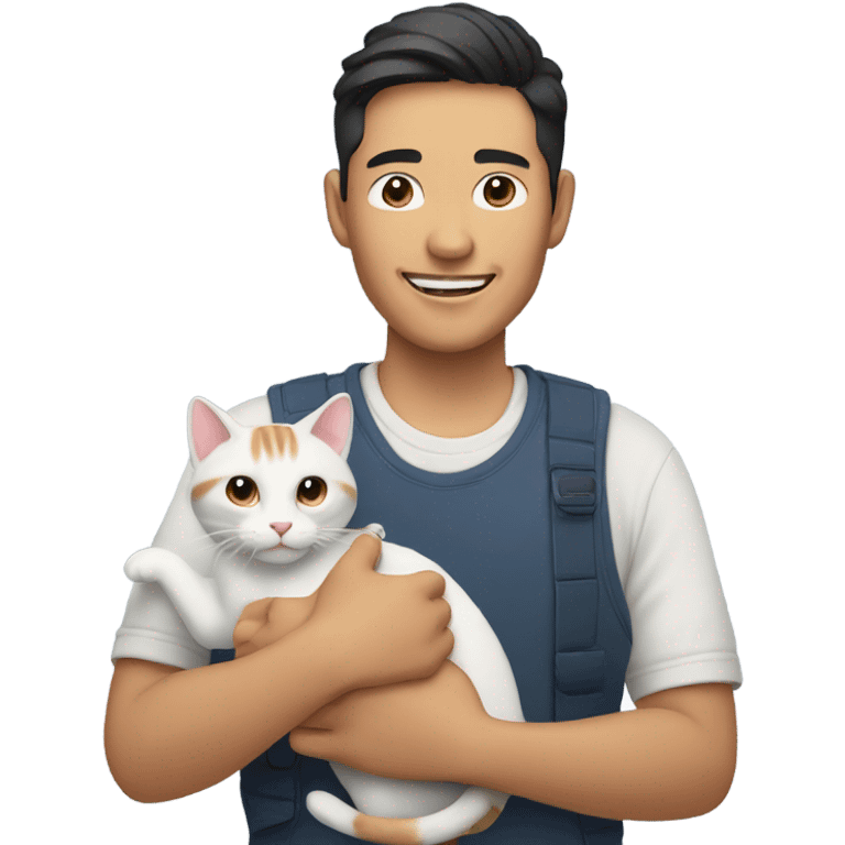 Asian man with cat in hands smiling  emoji