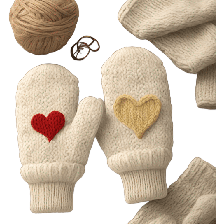 A pair of cozy knitted beige mittens with a hear design emoji