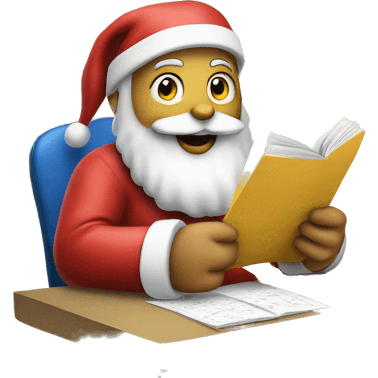 Santa is sitting on a desk, solving complicated math puzzles in an exercise book emoji