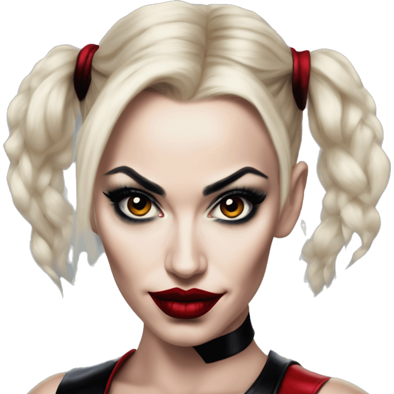 Gwen Stefani in Harley Quinn style, oil paint, mysterious eyes, intricate lips, masterpiece portrait, odd perspective, beautiful, desirable, logical emoji