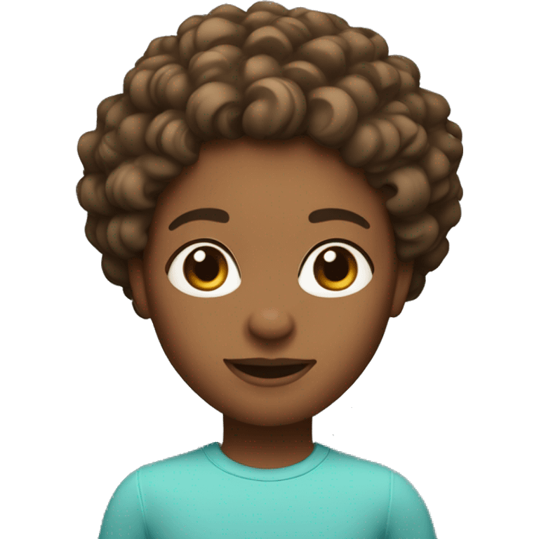 A Memoji-style avatar of a person with medium brown skin tone, curly short black emoji