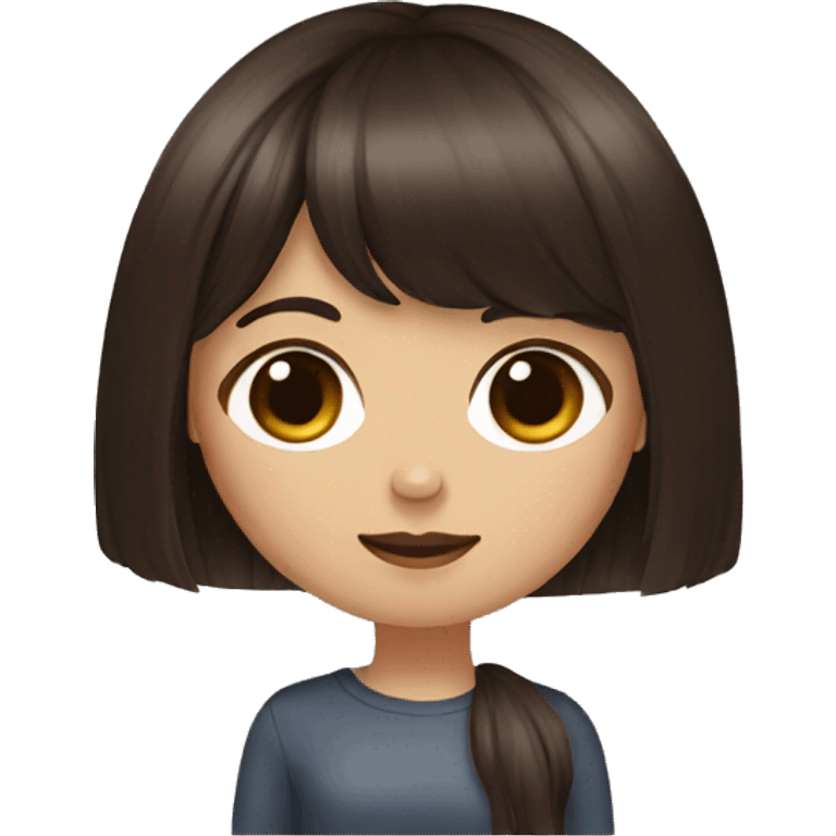 Girl with long brown hair, bangs,  and dark pug emoji