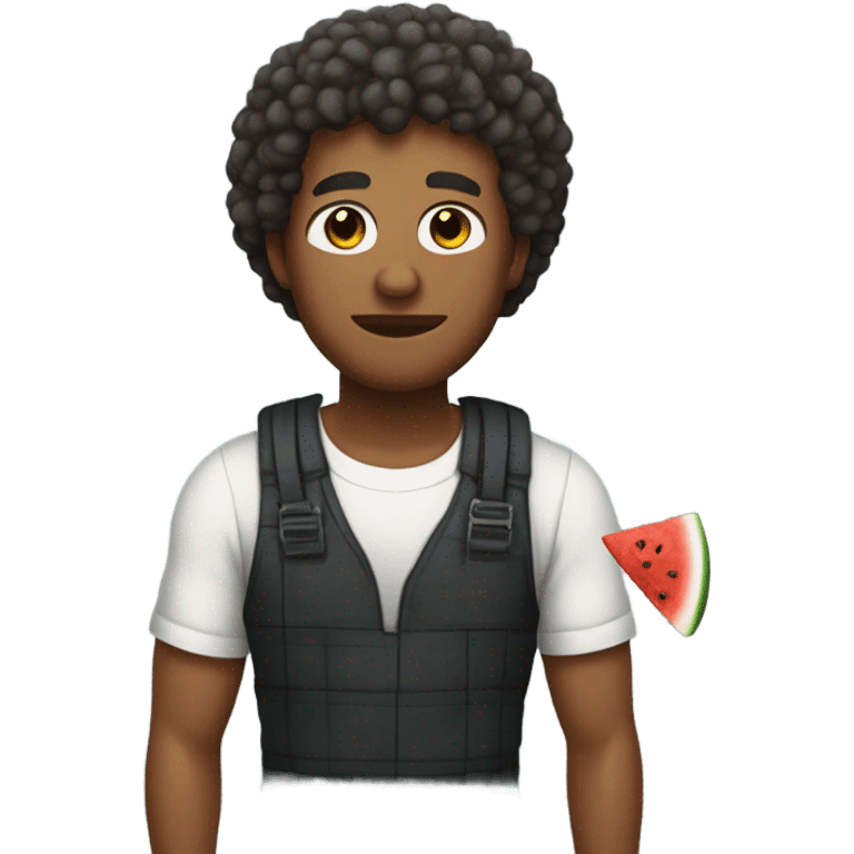 dude with curly short hair with a lite beard holding a watermelon and fried chicken in a prisoner outfit emoji