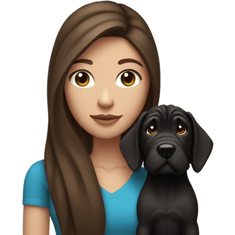 a female with long brown hair, and blue eyes holding a skinny black shar pei emoji