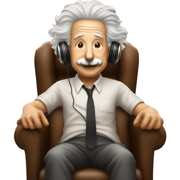 albert einstein happy listening music with just wireless headphones while sitting on the brown chair emoji