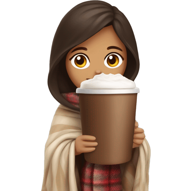 Brunette girl in a blanket with a hot chocolate  emoji