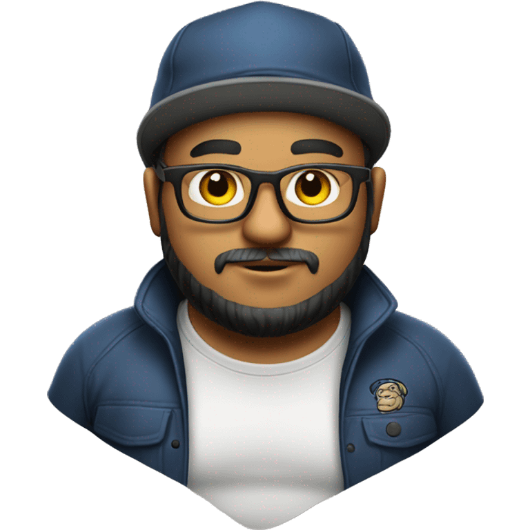 chubby programmer with beard, glasses, yankess hat, airpods with tattoos emoji