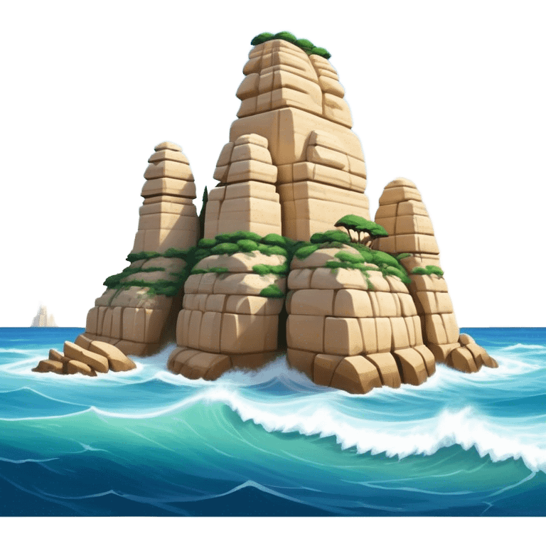 Cinematic Realistic Raouche Rocks, Beirut Landmark Emoji, depicting the majestic limestone rock formations rising from the Mediterranean Sea, with waves crashing against their bases under a vibrant sky. emoji