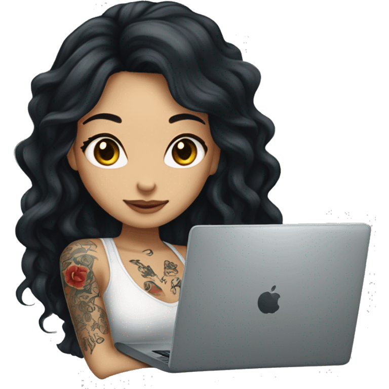 beautiful girl, with tattoos, with long black hair, wavy hair, chinese, with laptop emoji