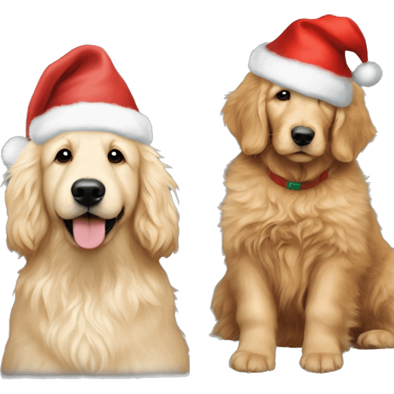 Make an emoji with a fluffy goldendoodle and golden retriever sitting next to each other with Christmas hats on  emoji