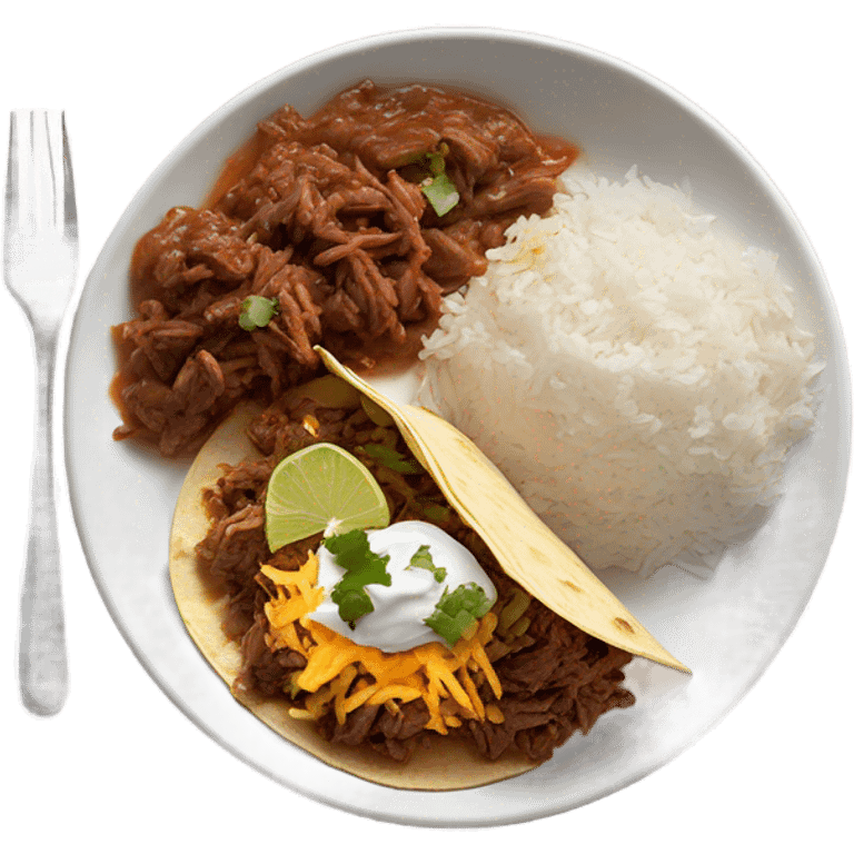 Cheesy shredded beef Birria tacos on a white plate with consome and rice on the side emoji