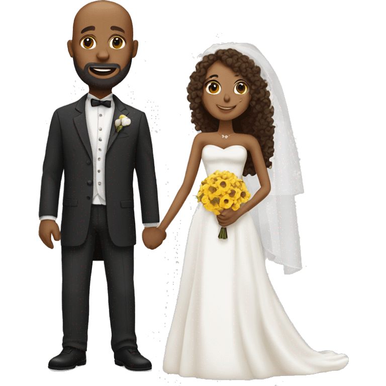 Black bald man with a beard and his wife with long, brown, curly hair on their wedding day emoji