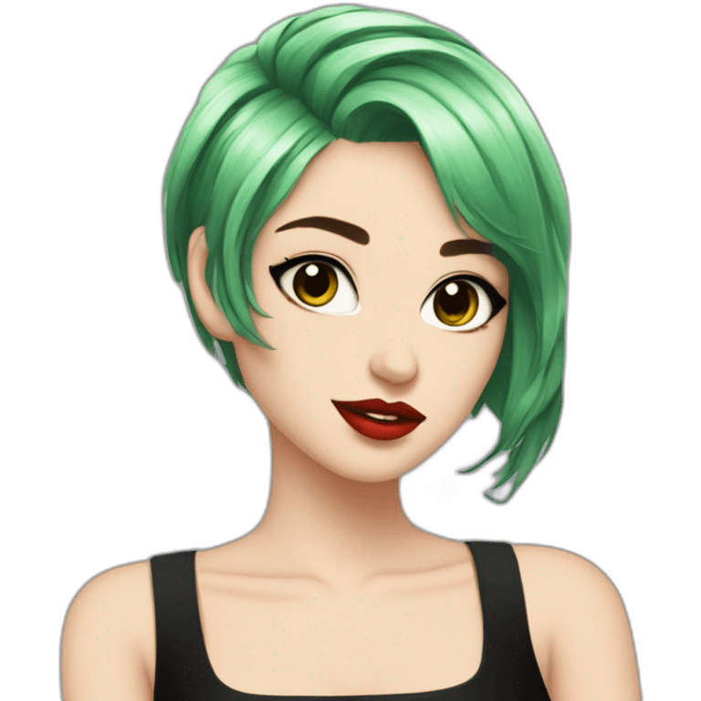 green hair, black outfit, white girl, red lips, portrait, e girl, short hair, black dress emoji