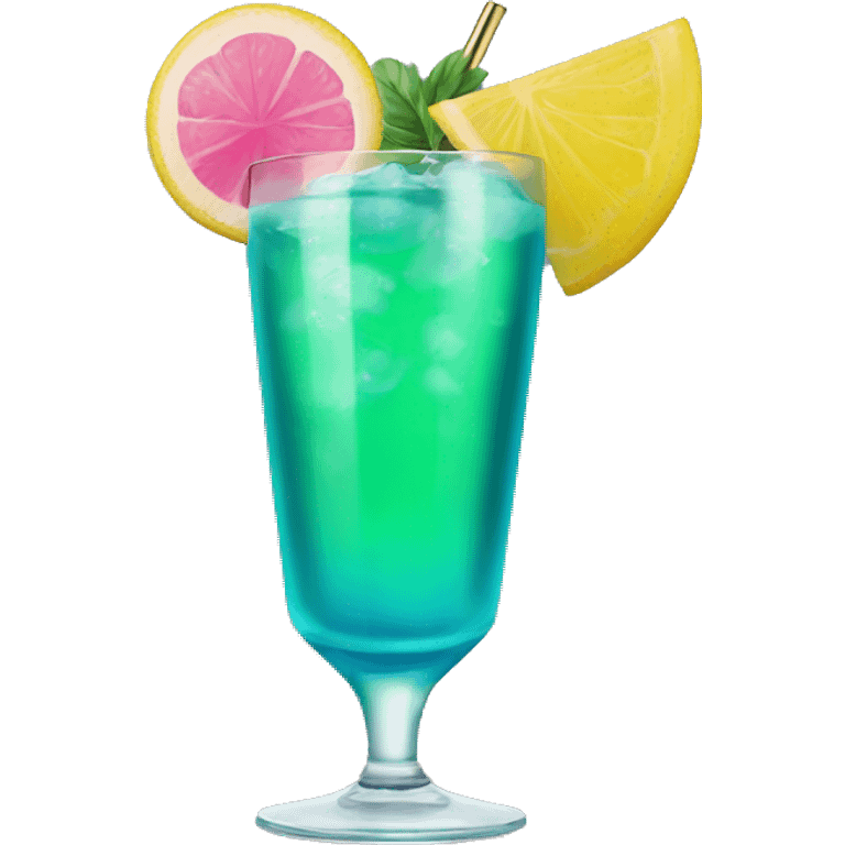 Bluish green cocktail with pink and yellow emoji