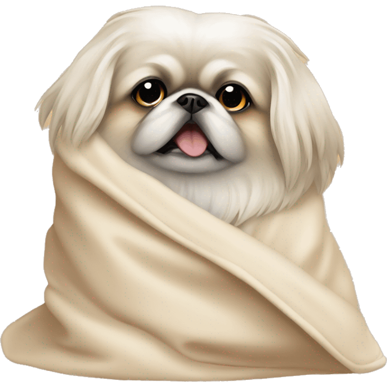 White Pekingese cozy in beige blanket emoji