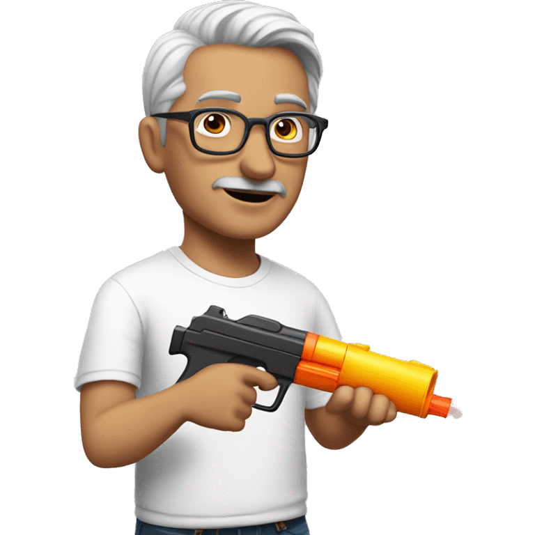 turkish man with glasses and grey hair and white t-shirt pointing a water gun from the side emoji