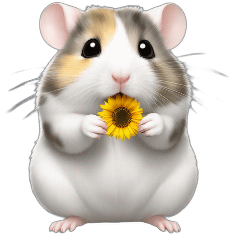 Campbell dwarf hamster with a greyish white coat eating a sunflower seed in a cute way emoji