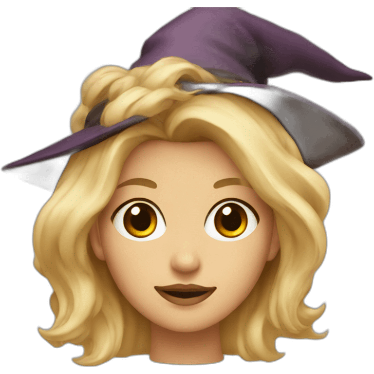 blonde with brown eyes, with a witch hat on her head emoji