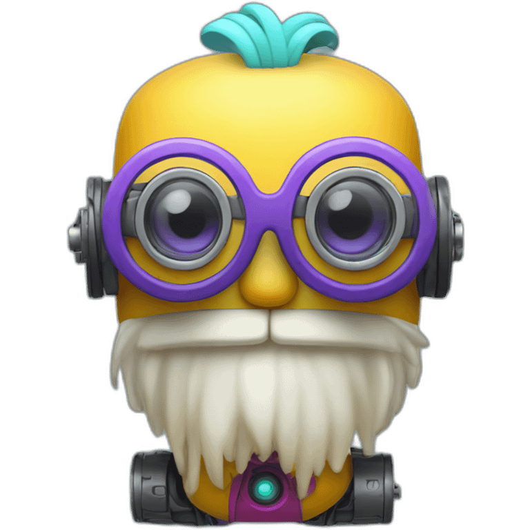 A colorful robot toy with glasses and a light beard emoji