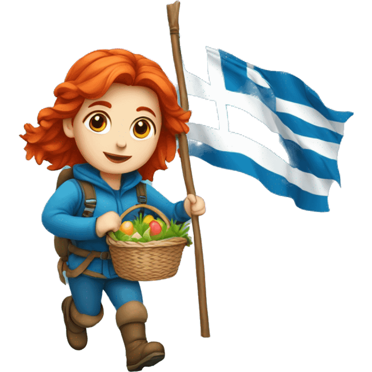 red hair female winter mountaineer climbing with Easter basket and Greek flag emoji