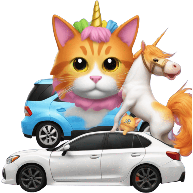 An orange cat driving an STI Subaru with a unicorn as it’s passenger emoji