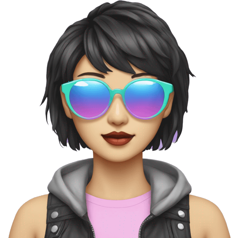 a short-haired Taiwanese lesbian as a designer with vaporwave style, without makeup, with earings, sunglasses with vaporwave image on it. emoji