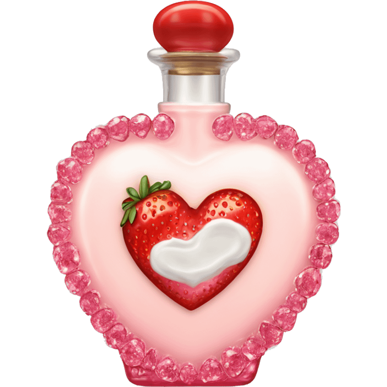 Antique heart-shaped parfumerie bottle with butter, made of red crystals, white cream and pink strawberry milk pour from the bottle emoji