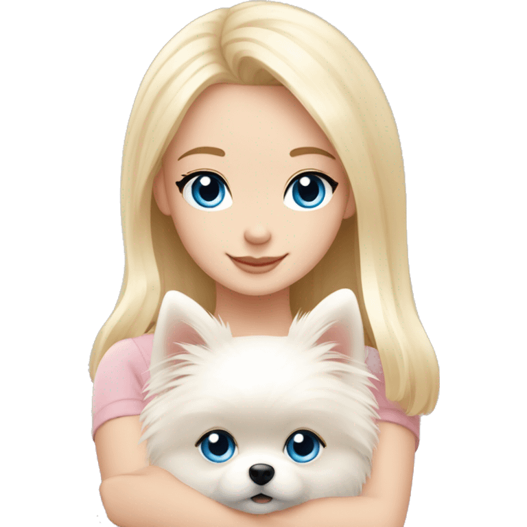 Blond girl white skin blue eyes hugging white Pomeranian with light pink bow emoji