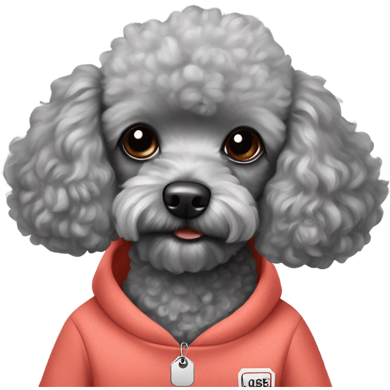 Gray toy poodle with a sweatshirt with the name Louie on his tag emoji