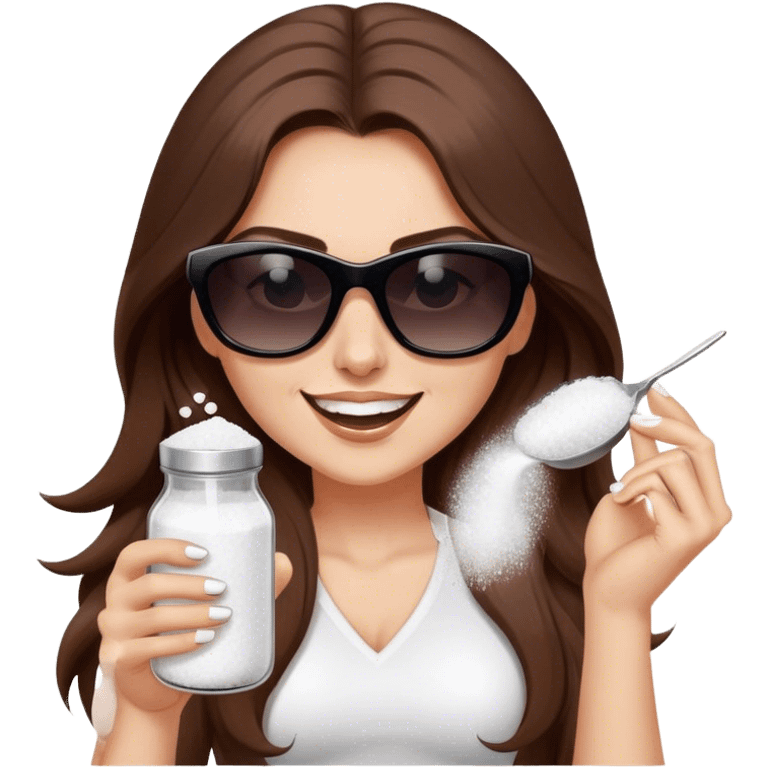 sassy woman with long brown hair and dark sunglasses holding a salt shaker filled with white table salt. She is shaking and sprinkling the salt. She is smirking.  emoji